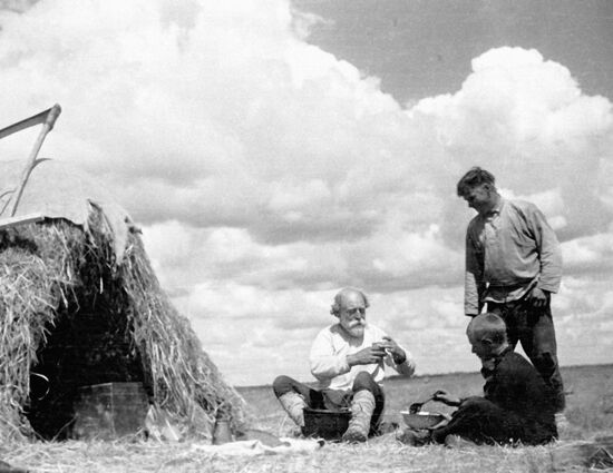 ДЕРЕВНЯ ЖИТЕЛИ СЕНОКОС ОБЕД ШАЛАШ КОСЫ ВИЛЫ