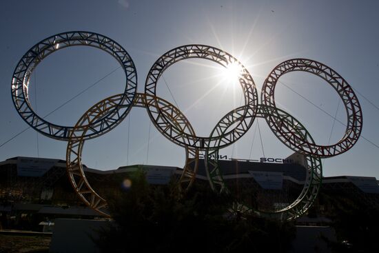 Олимпийские кольца у здания сочинского аэропорта