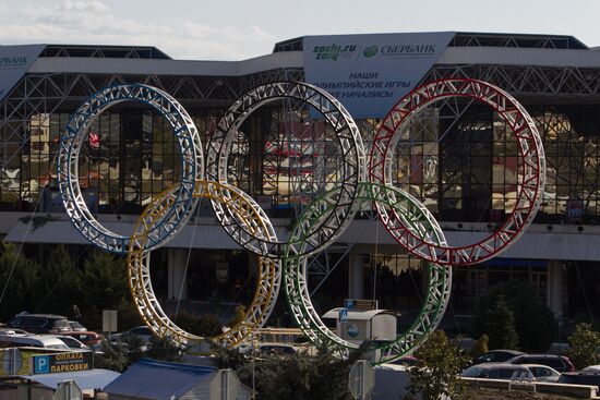 Олимпийские кольца у здания сочинского аэропорта