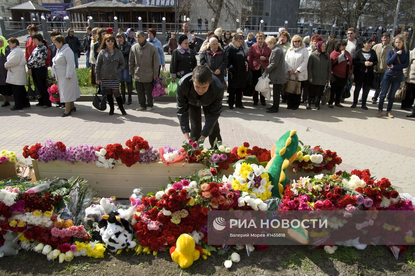 Цветы у места стрельбы на Народном бульваре в Белгороде