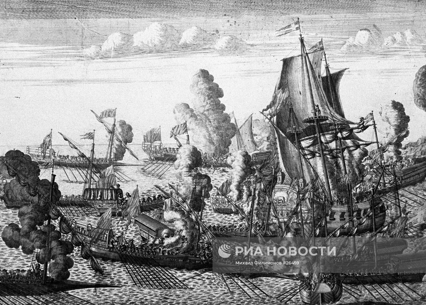 Репродукция гравюры "Морское сражение около Гангута, 25 июля 1714 года"