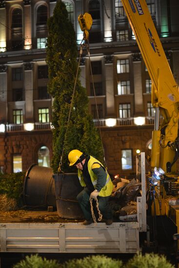 Высадка деревьев "зимних" пород на Тверской улице