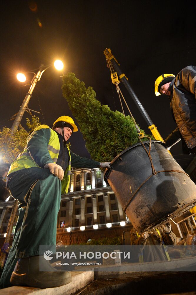 Высадка деревьев "зимних" пород на Тверской улице