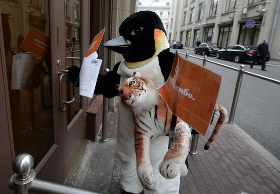 Активист Антарктического альянса в костюме пингвина передал письмо в приемную президента РФ