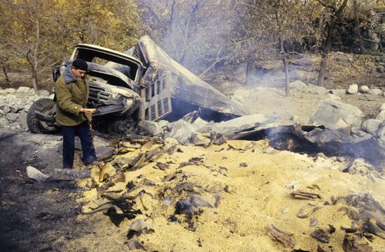 Сожженный автомобиль с пшеницей