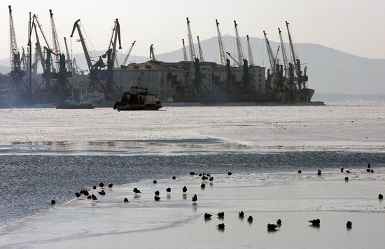 Замерзла бухта Золотой Рог во Владивостоке