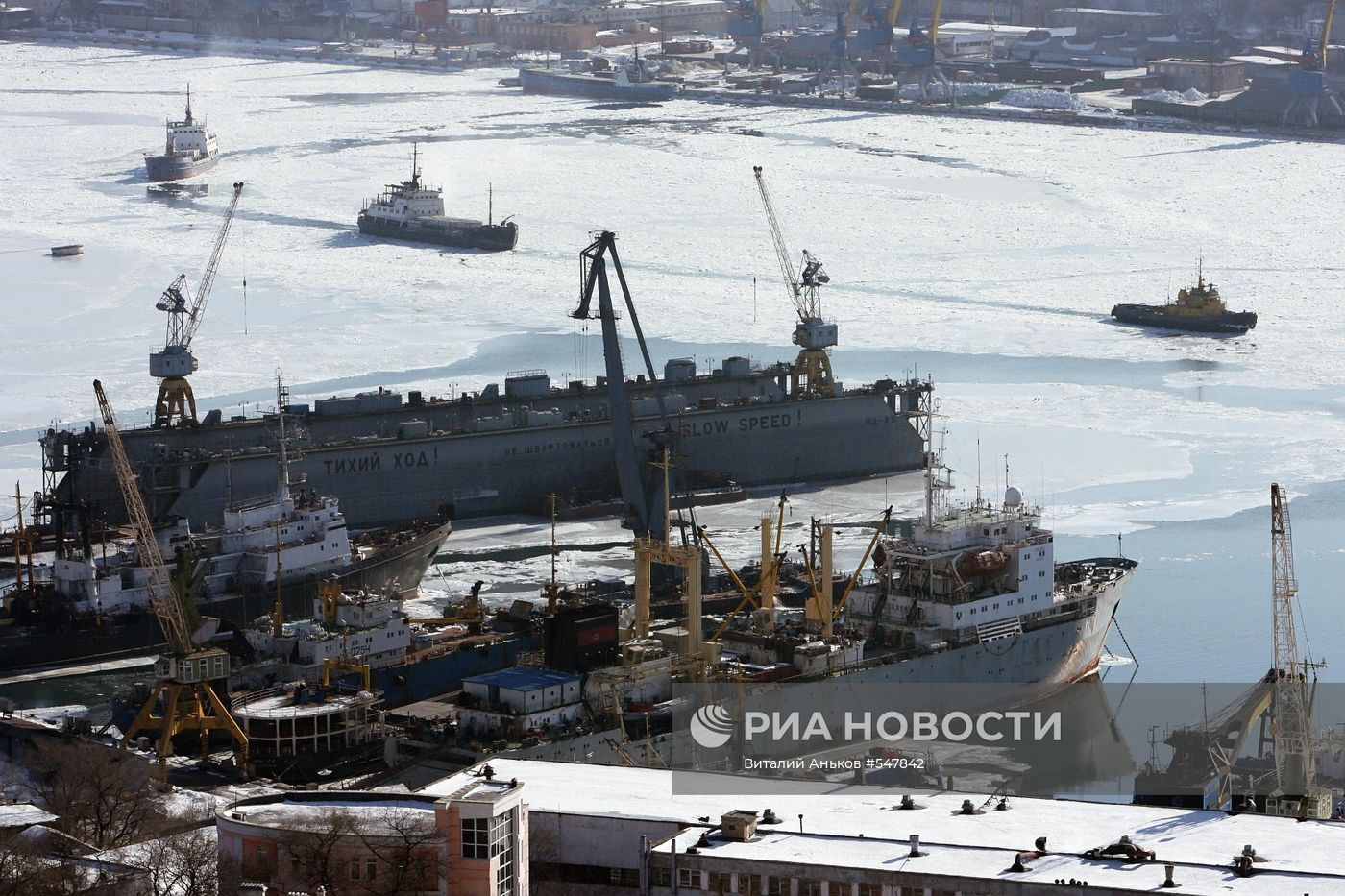 Замерзла бухта Золотой Рог во Владивостоке