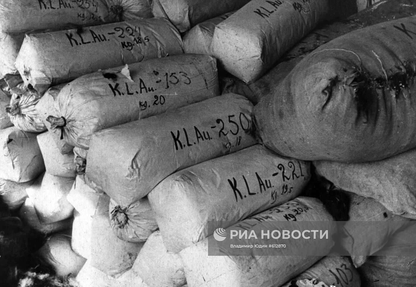 Мешки с волосами умерших узников концлагеря Освенцим