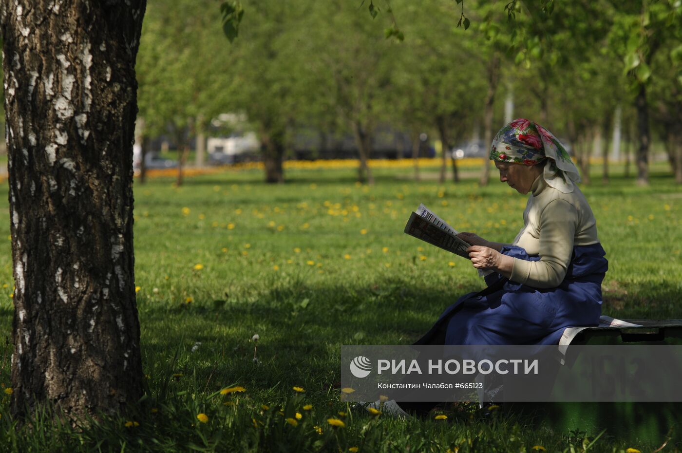 Пожилая женщина в одном из скверов Москвы