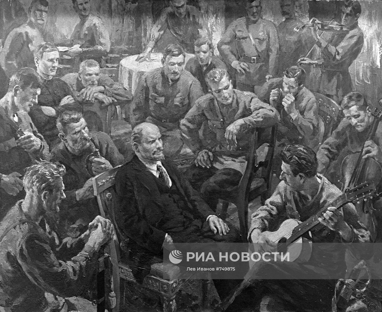 Репродукция картины "В.И.Ленин с латышскими стрелками в Кремле"