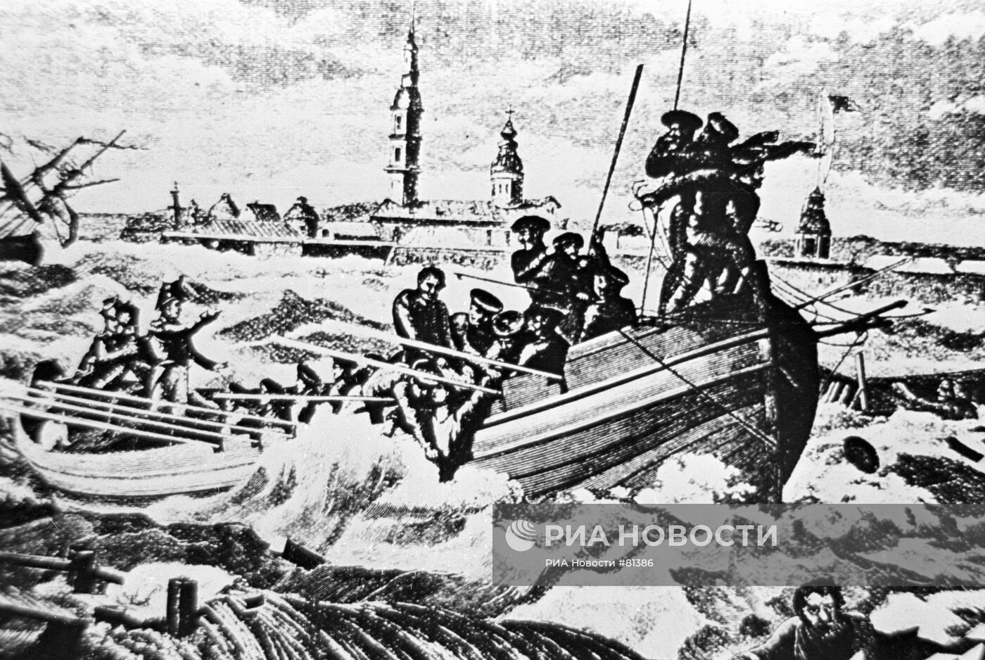 Фрагмент гравюры "Наводнение в Петербурге"