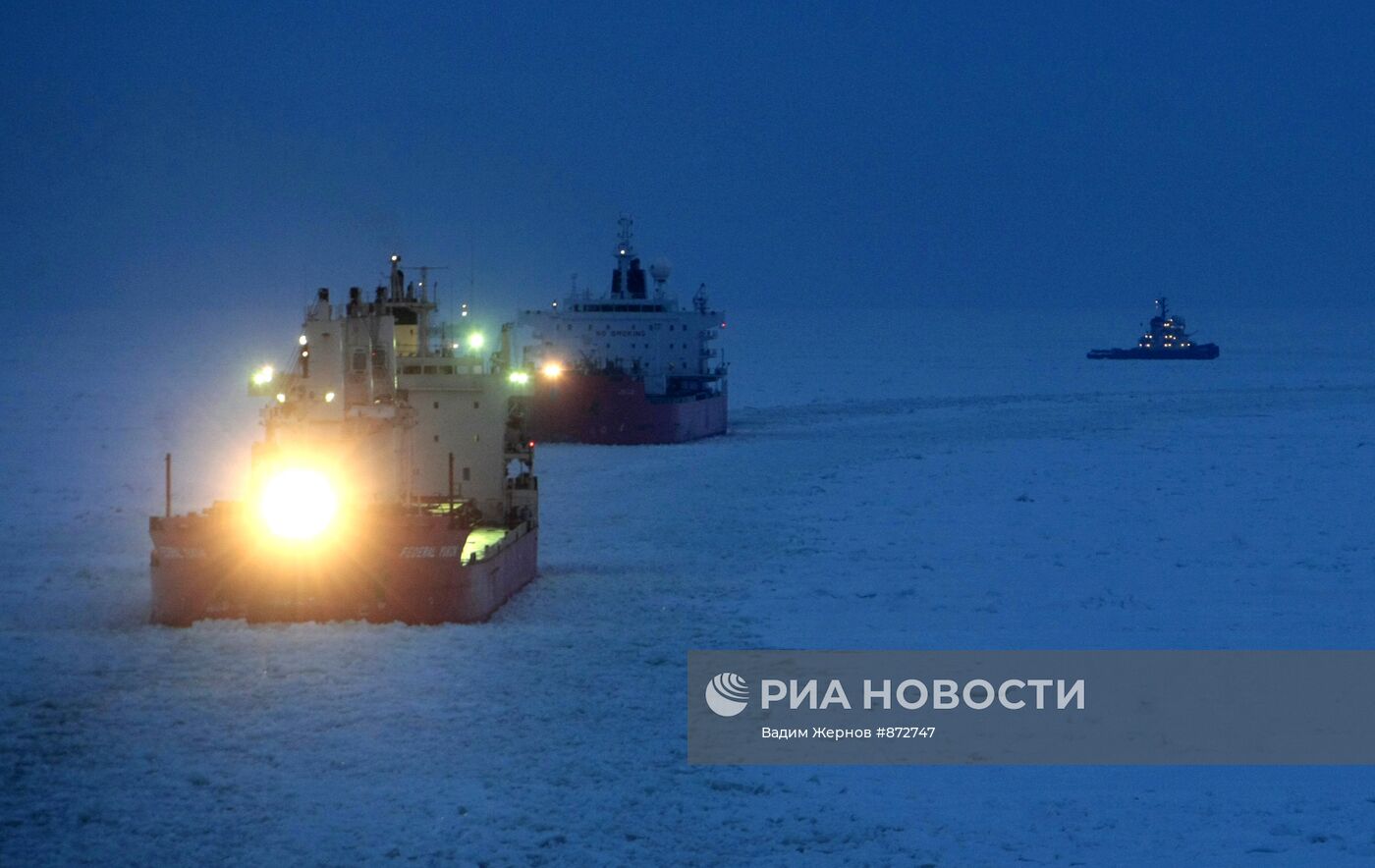 Атомный ледокол "Вайгач" проводит караван судов в Финском заливе