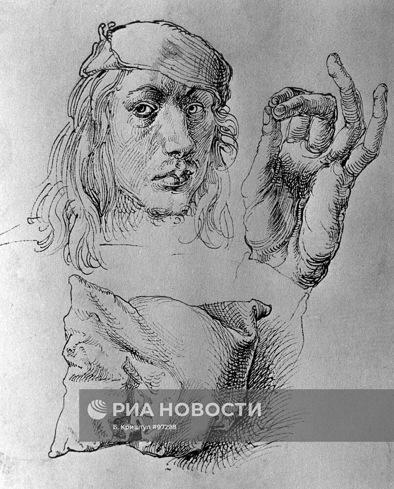 Репродукция рисунка Дюрера "Автопортрет, рука и подушка"