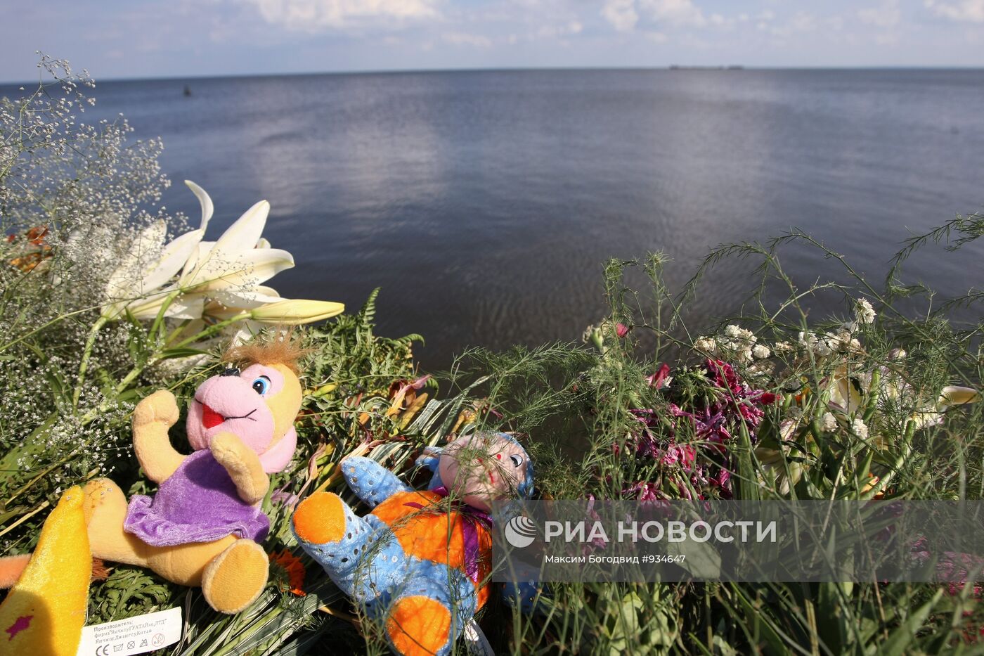 Цветы, игрушки на пристани в поселке Затон имени Куйбышева
