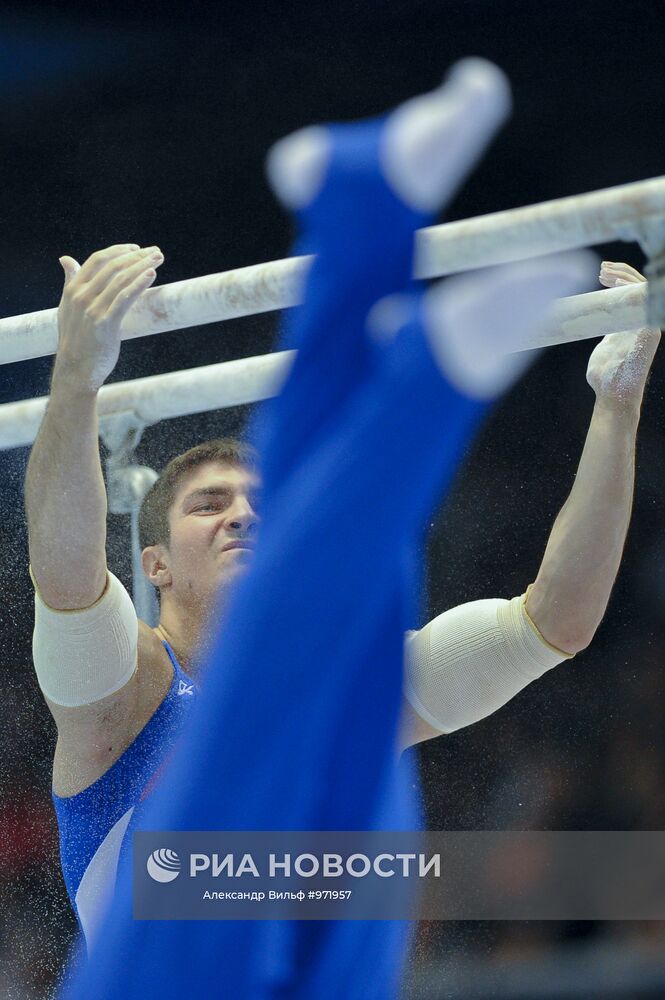 Россиянин Сергей Хорохордин выполняет упражнение на брусьях в финале мужских командных соревнований на чемпионате мира по спортивной гимнастике в Токио. Место: Япония, Токио. Автор: Александр Вильф/РИА Новости. Спортивная гимнастика. Чемпионат мира. Шестой день