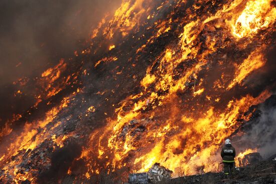 Пожар на свалке мусора на Волхонском шоссе в Ленобласти