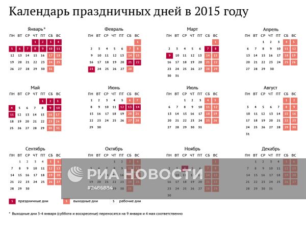 Календарь праздничных дней в 2015 году