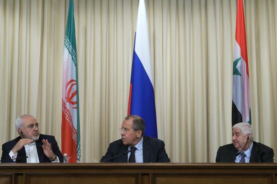 Встреча глав МИД России, Ирана и Сирии С. Лаврова, М. Зарифа и В. Муаллема