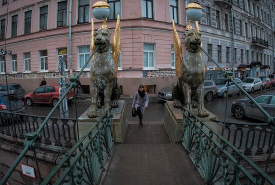 Статуи грифонов на Банковском мосту в Санкт-Петербурге