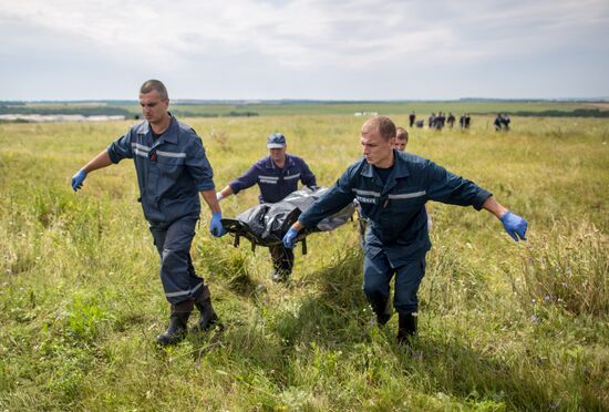 Сбор тел погибших на месте крушения малайзийского лайнера Boeing 777 в районе Шахтерска