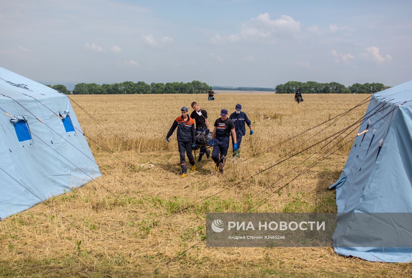 Сбор тел погибших на месте крушения малайзийского лайнера Boeing 777 в районе Шахтерска