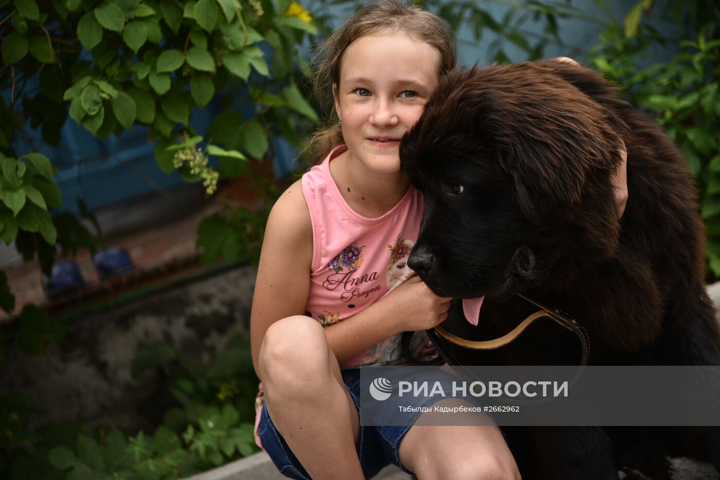 Даша Яицкая со щенком ньюфаундленда, подаренным президентом РФ В.Путиным