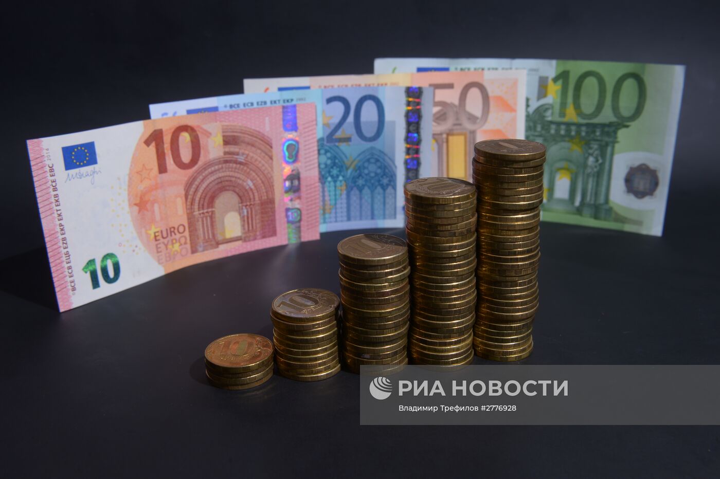 Денежные купюры и монеты России и Европейского Союза