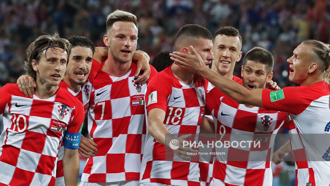Игроки сборной Хорватии радуются забитому голу в матче группового этапа чемпионата мира по футболу между сборными Хорватии и Нигерии. Место: Россия, Калининград. Автор: Елена Руско/РИА Новости. Футбол. ЧМ-2018. Матч Хорватия - Нигерия