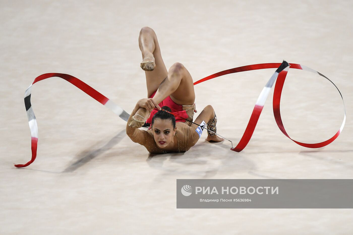 Линой Ашрам (Израиль) выполняет упражнения в финальных выступлениях с лентой в индивидуальной программе на чемпионате мира по художественной гимнастике 2018 в Софии. Место: Болгария, София. Автор: Владимир Песня/РИА Новости. Художественная гимнастика. Чемпионат мира. День четвертый