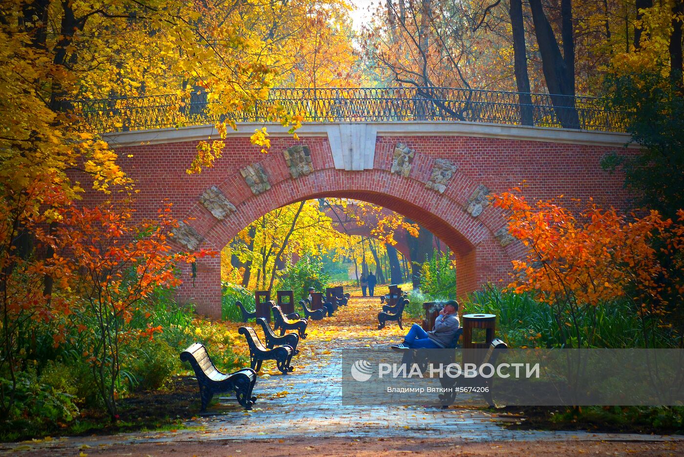 Мужчина сидит на лавочке в Нескучном саду в Москве. Место: Россия, Москва. Автор: Владимир Вяткин/РИА Новости. Осень в Москве