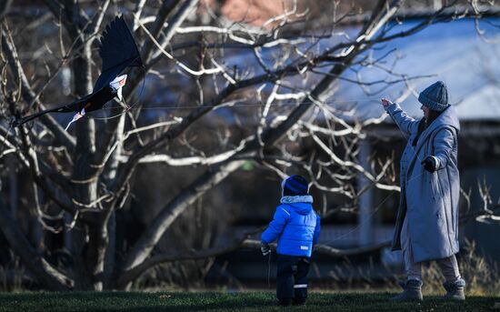 Женщина с ребенком запускают воздушного змея в парке Музеон в Москве