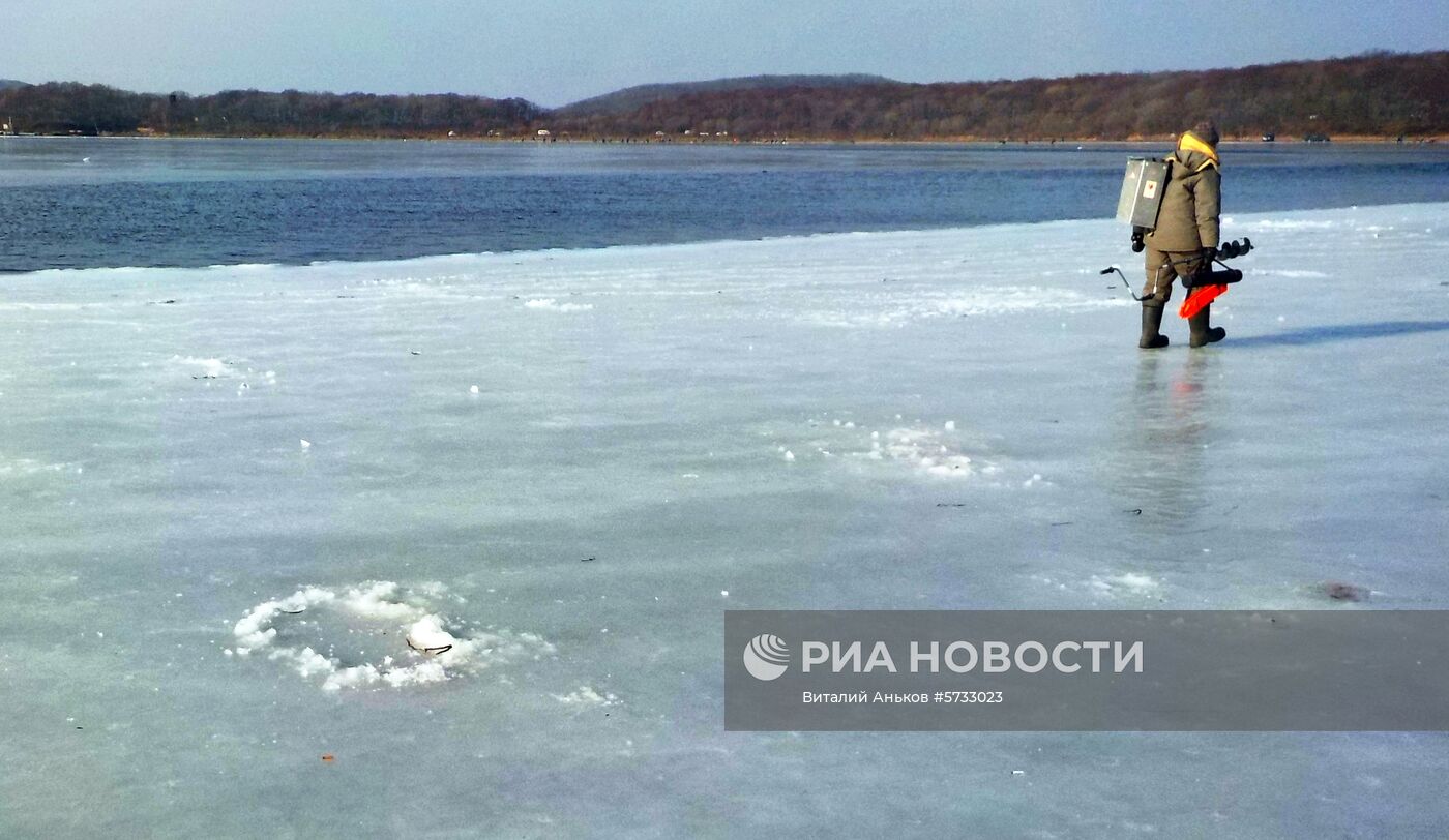 Подледный лов корюшки во Владивостоке