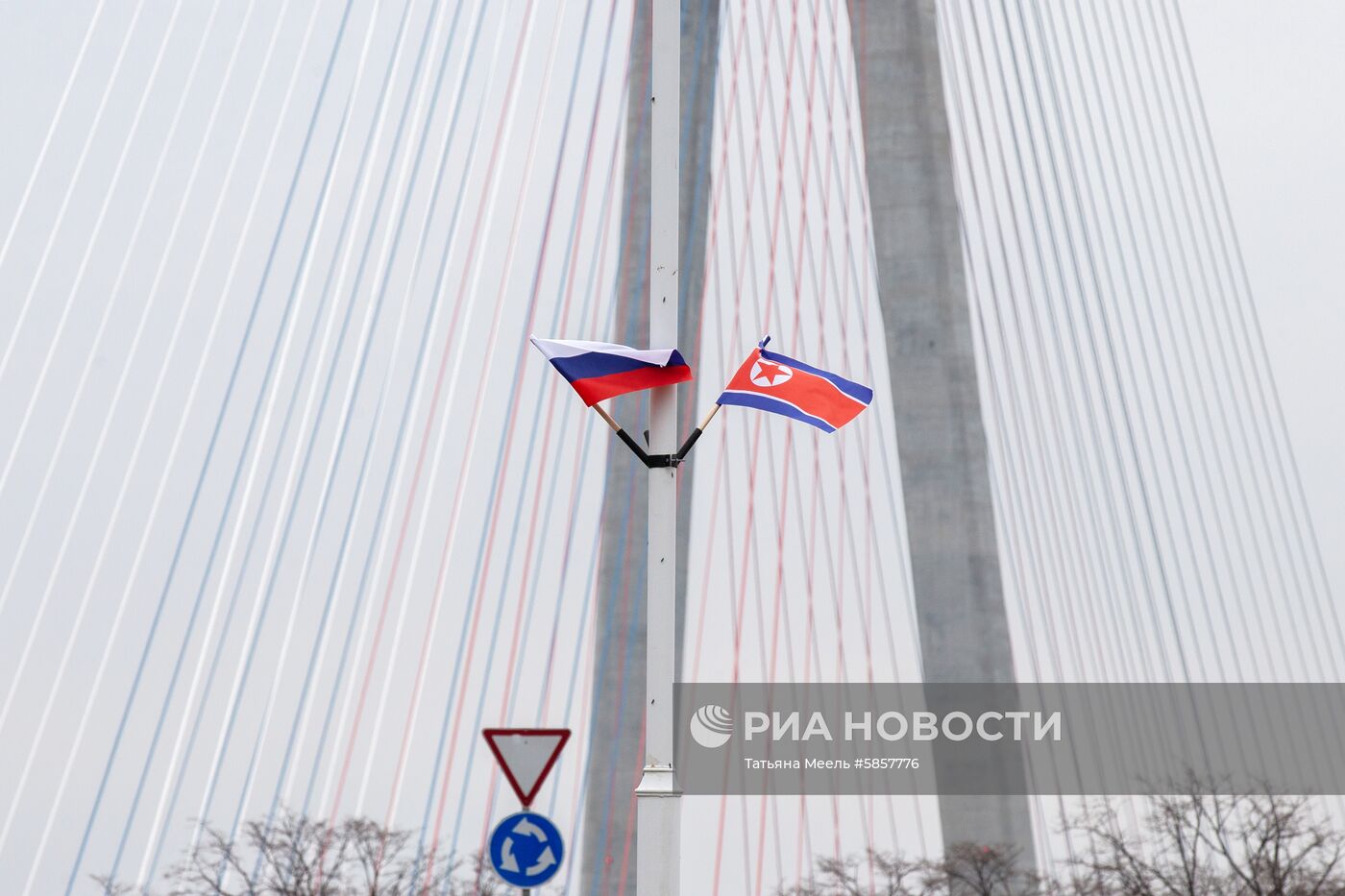 Флаги России и КНДР во Владивостоке