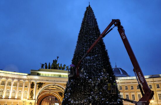 Установка главной новогодней ёлки на Дворцовой площади в Санкт-Петербурге