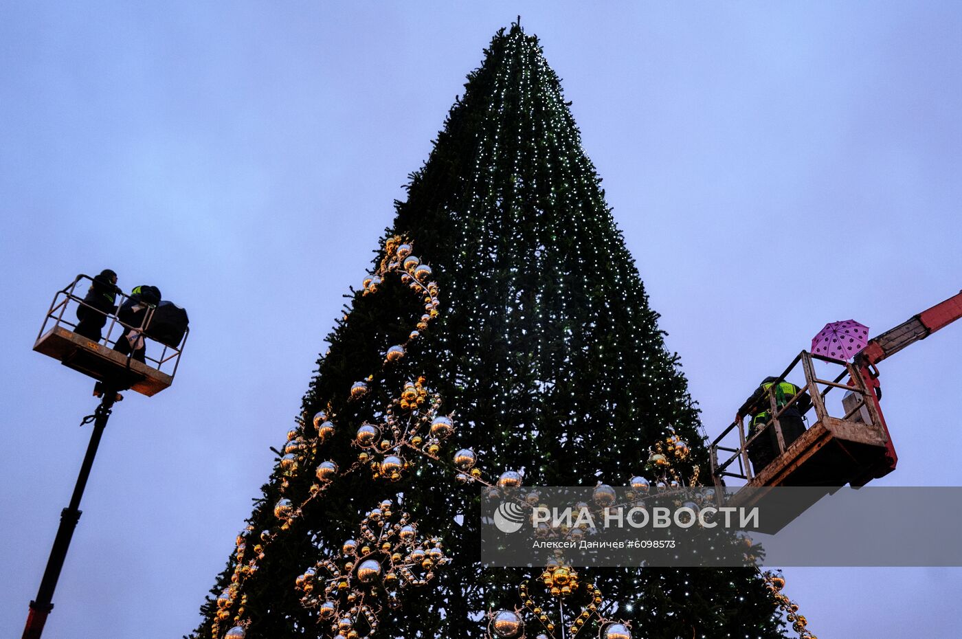 Установка главной новогодней ёлки на Дворцовой площади в Санкт-Петербурге