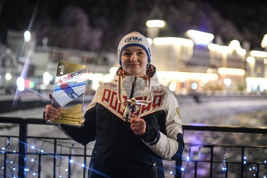 Церемония награждения на чемпионате мира по санному спорту в Сочи