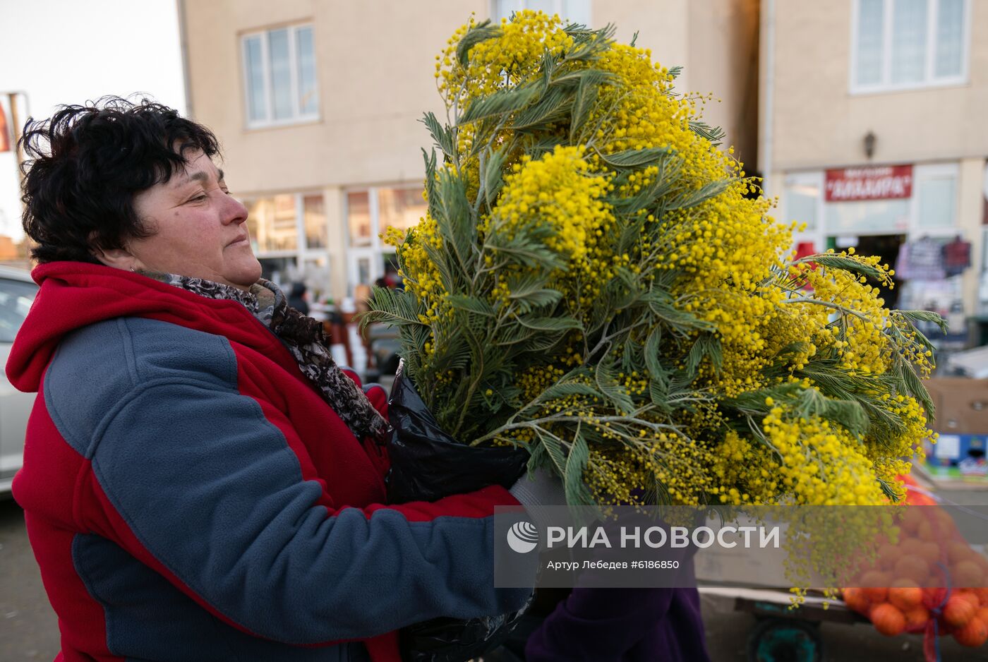 Продажа мимозы из Абхазии на российско-абхазской границе