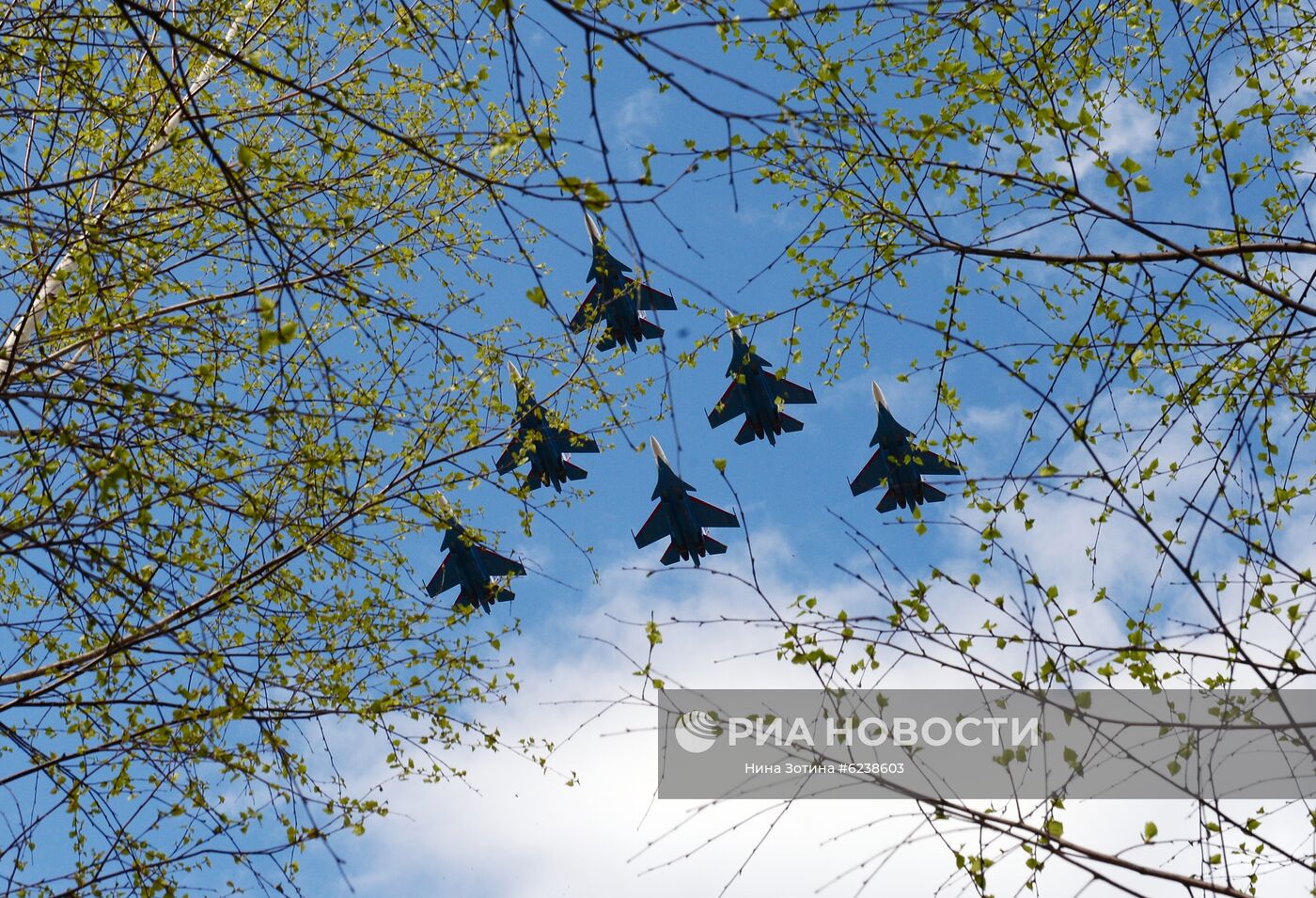 Истребители Су-30СМ пилотажной группы "Русские витязи" выступают на авиационном празднике в честь Дня Победы в Кубинке. Место: Россия, Кубинка. Автор: Нина Зотина/РИА Новости. Авиационный праздник в честь Дня Победы