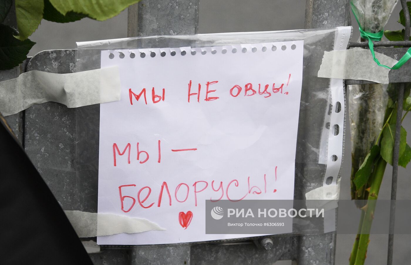 Цветы в память о погибшем во время протестов в Минске