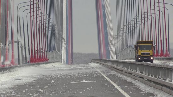 Ванты Русского моста во Владивостоке продолжают освобождать ото льда