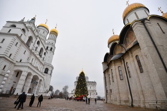 Украшение новогодней елки на Соборной площади Московского Кремля