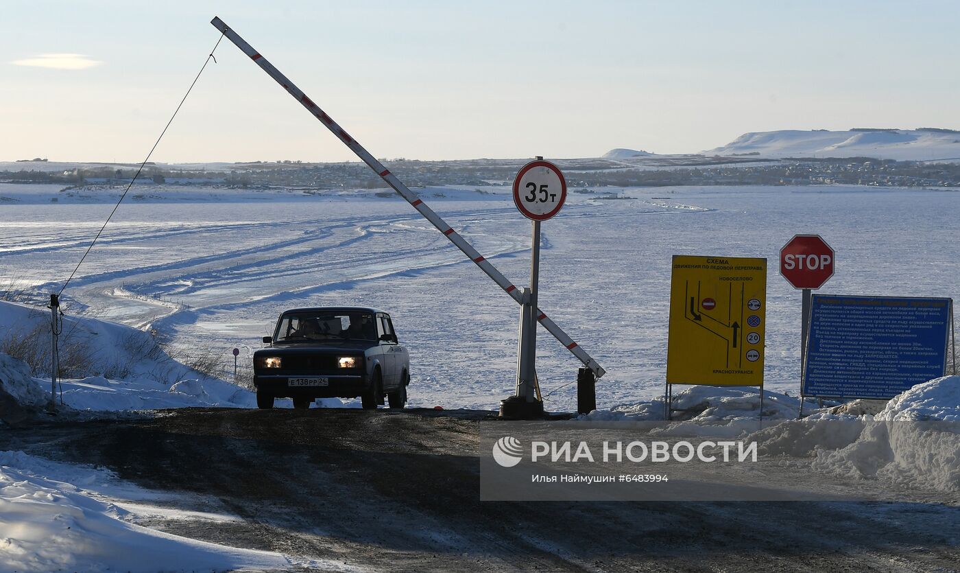 Автомобильная ледовая переправа через Енисей