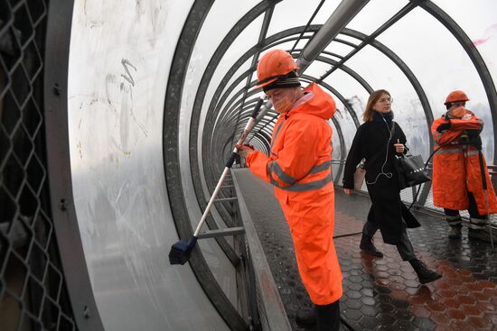 Промывка стеклянных пешеходных переходов в Москве