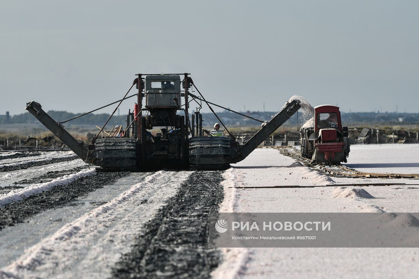 Добыча розовой соли на озере Сасык-Сиваш в Крыму