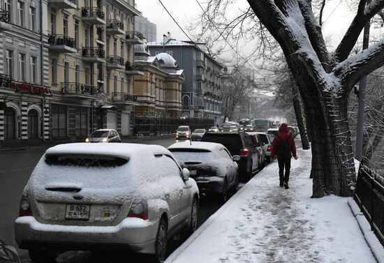 Снегопад во Владивостоке в начале весны