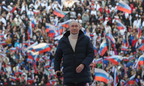 18 марта 2022. Президент РФ Владимир Путин выступает на митинге-концерте в "Лужниках", посвященном воссоединению Крыма с Россией. Место: Россия, Москва. Автор: Михаил Климентьев/РИА Новости. Митинг-концерт, посвященный воссоединению Крыма с Россией