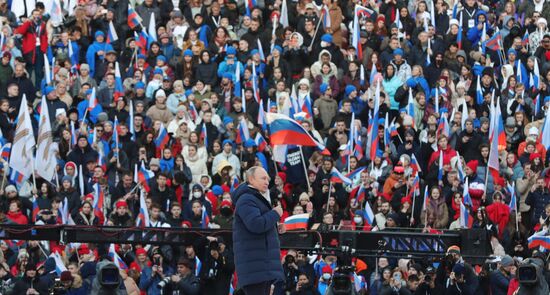 18 марта 2022. Президент РФ Владимир Путин выступает на митинге-концерте в "Лужниках", посвященном воссоединению Крыма с Россией. Место: Россия, Москва. Автор: Михаил Климентьев/РИА Новости. Митинг-концерт, посвященный воссоединению Крыма с Россией