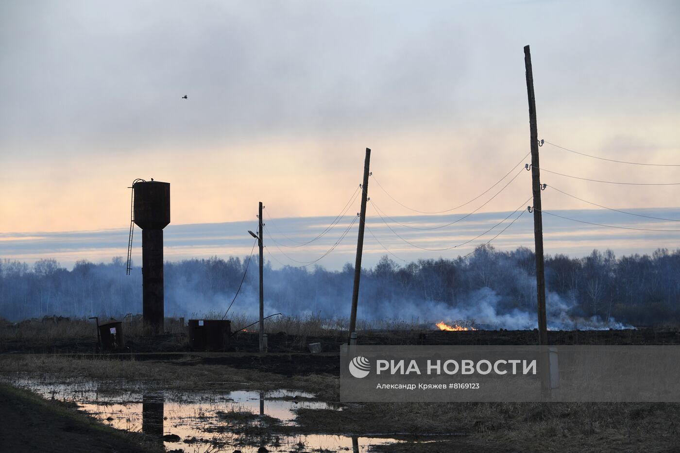 Сухая трава горит в Новосибирской области