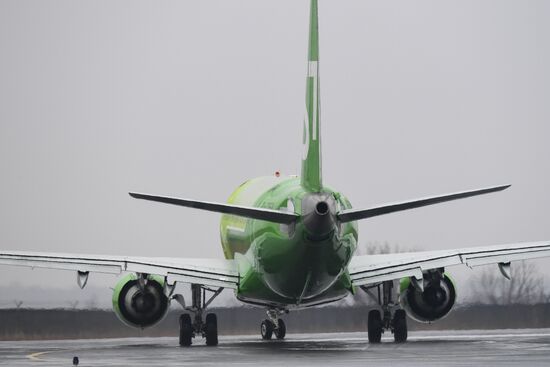 Самолеты авиакомпании S7 в аэропорту Толмачево в Новосибирске