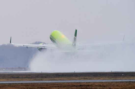 Самолеты авиакомпании S7 в аэропорту Толмачево в Новосибирске
